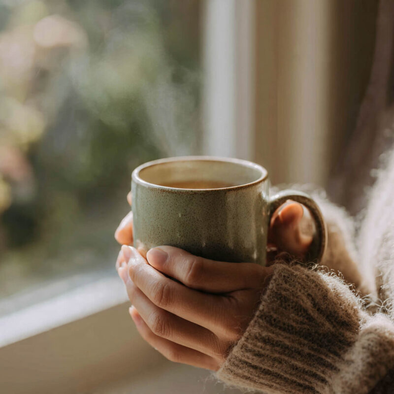 Hands holding warm tea mug in cozy sweater representing mindful morning ikigai ritual and self-care