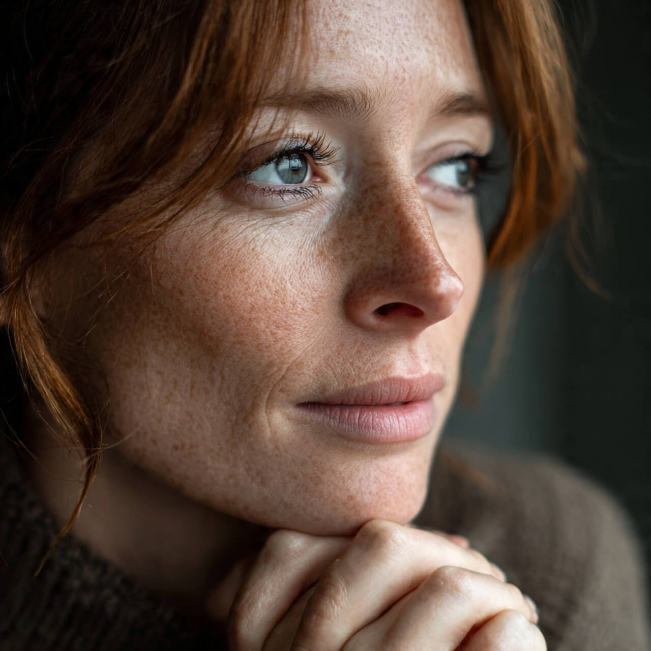 Close-up portrait of a thoughtful person looking out a window, representing calm reflection and the courage to overcome fear through Stoic practice.