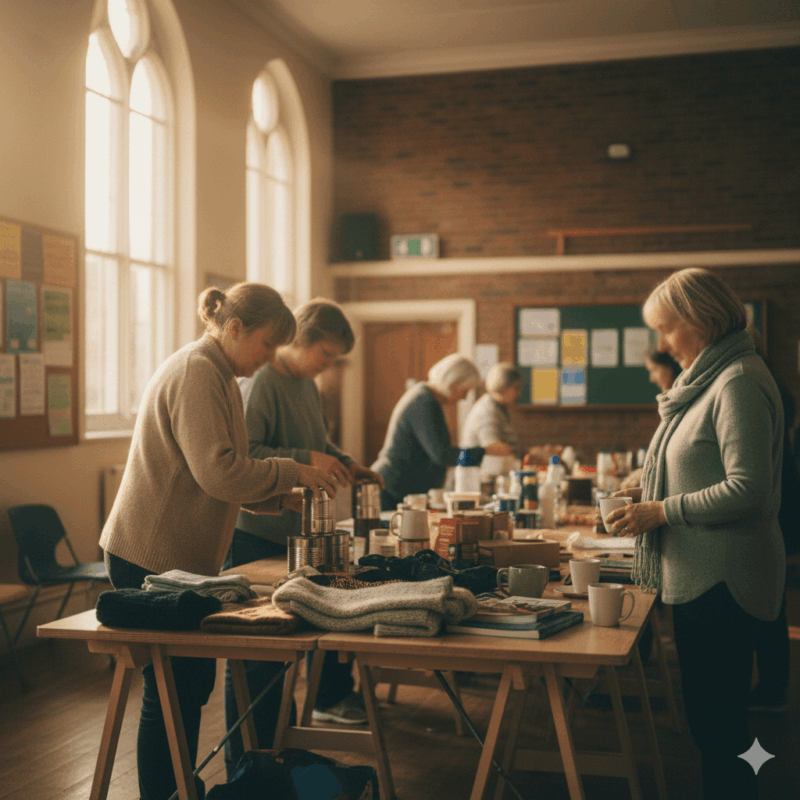 People in a UK community hall sorting food and clothing donations, representing the healing power of connection and shared purpose.