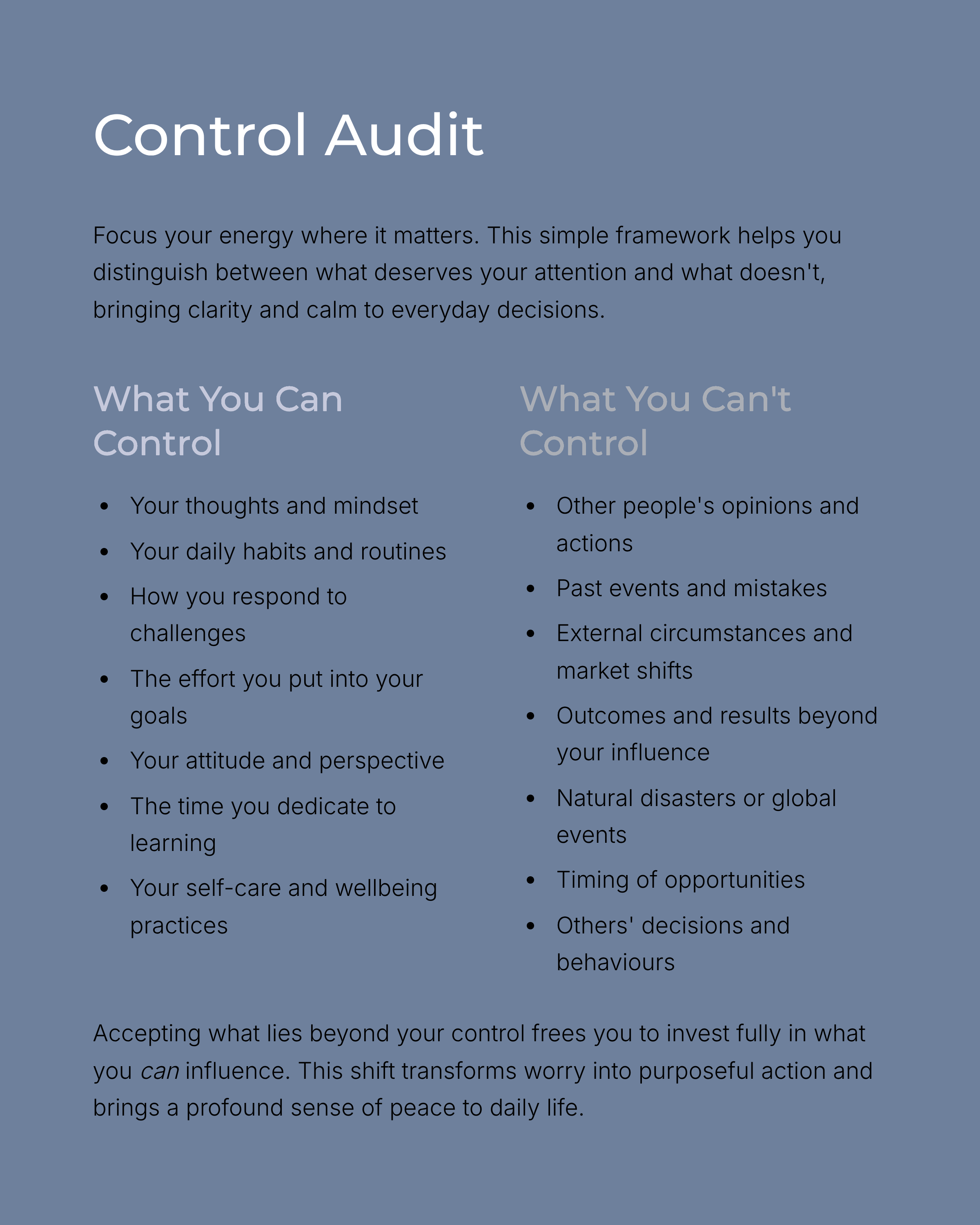 Minimal two-column Control Audit chart showing what you can and can’t control — Stoic reflection tool for reducing fear of change and anxiety.
