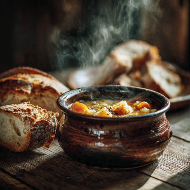 Steaming autumn vegetable soup in rustic ceramic bowl with crusty artisan bread on wooden table