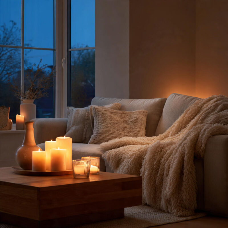 Cozy autumn evening self-care scene with candles and blankets on sofa at dusk creating peaceful sanctuary