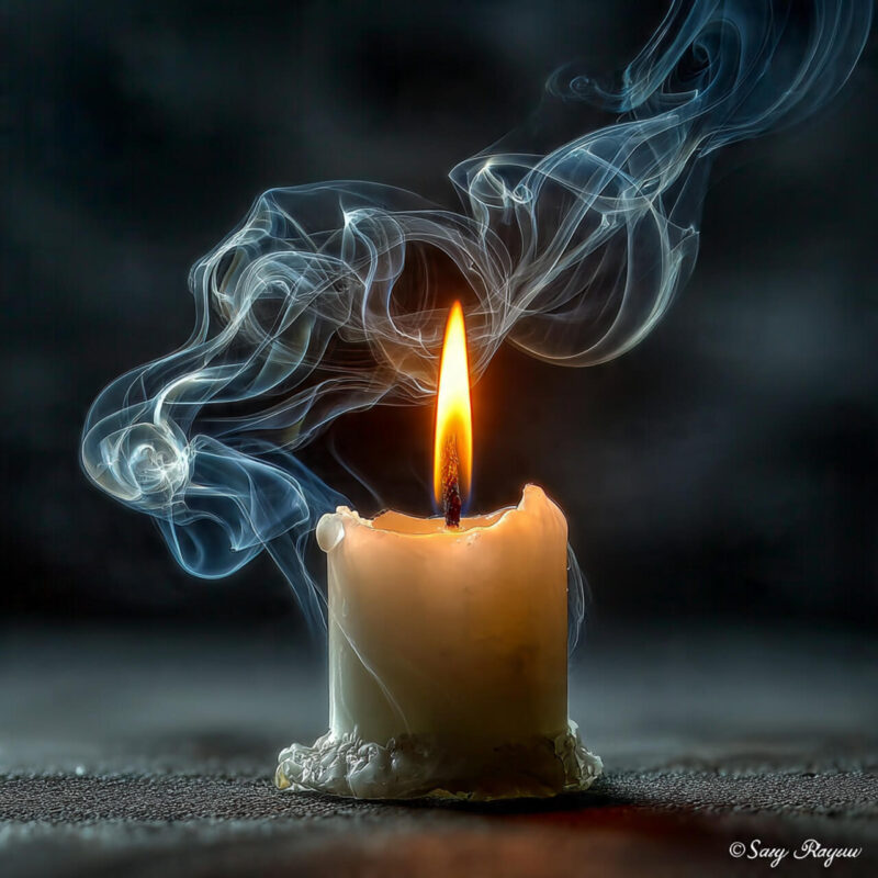 Single white candle burning in a dark room with soft smoke rising, symbolising focused attention, protecting your energy, and the daily focus habit