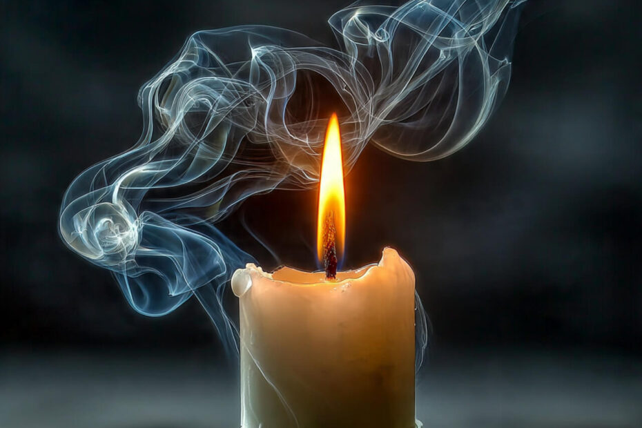 Single white candle burning in a dark room with soft smoke rising, symbolising focused attention, protecting your energy, and the daily focus habit