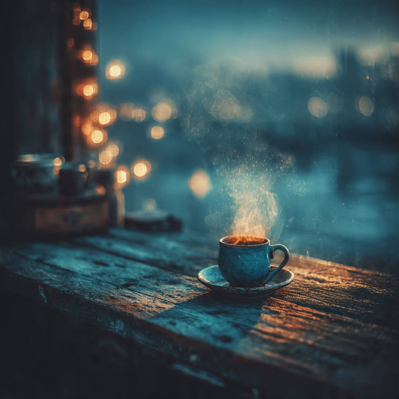Steaming cup of coffee on a rustic wooden table with warm bokeh lights, illustrating deliberate rest, NSDR, and recovery between deep work blocks.