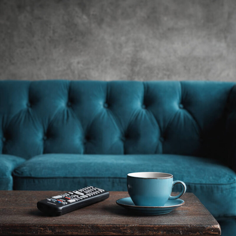 Empty couch with TV remote and tea cup symbolizing autopilot evening habits numbing and wasted time instead of rest