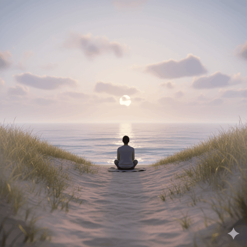 Person sitting quietly at sunrise by the sea, symbolising calm, hopeful recovery from depression.