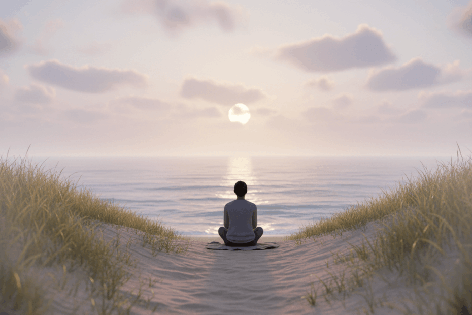Person sitting quietly at sunrise by the sea, symbolising calm, hopeful recovery from depression.