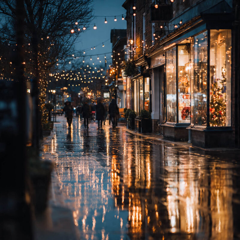 People walking along a warmly lit UK street on a rainy winter evening, surrounded by shop lights and fairy lights, symbolising connection and warmth in dark months.