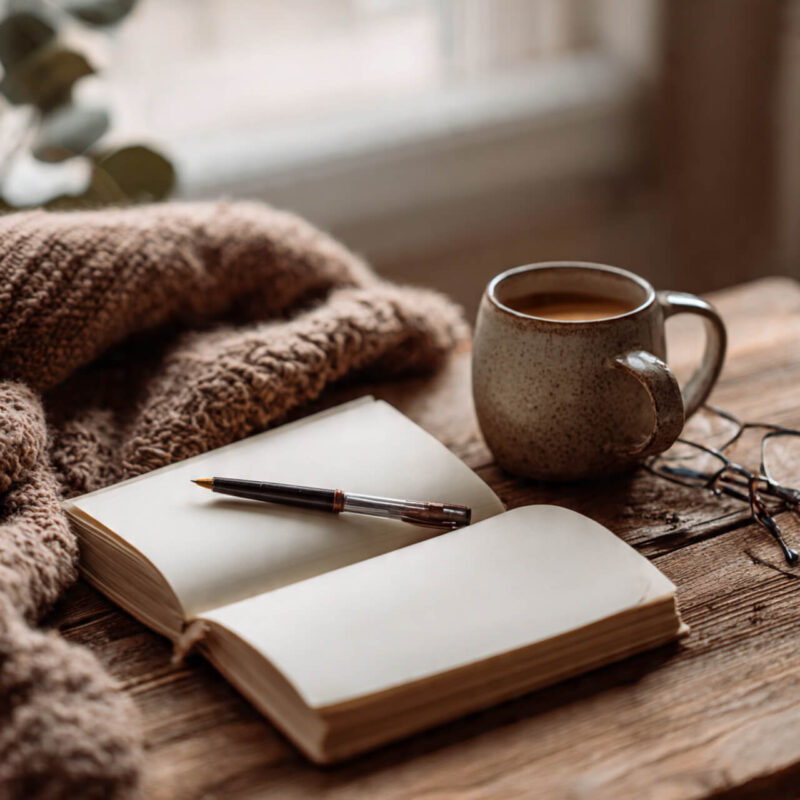 Cozy journaling scene with open notebook, pen, and coffee for everyday mastery reflection prompts
