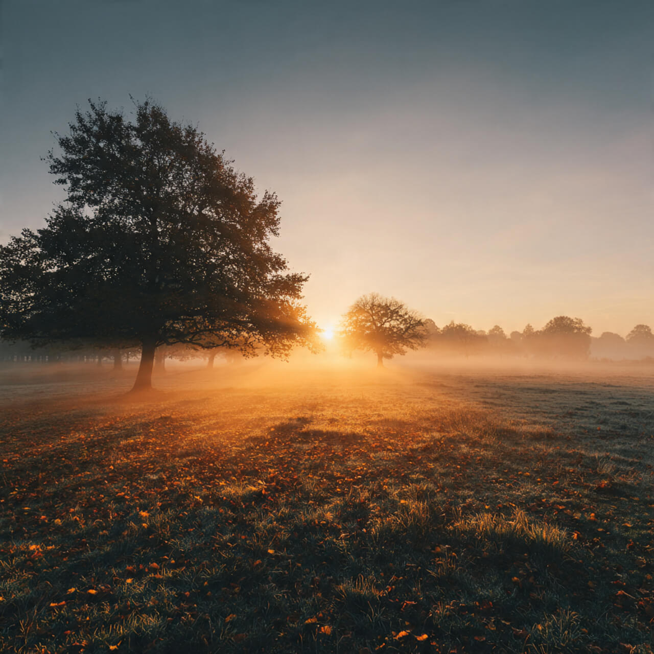 Golden sunrise breaking through morning mist over autumn landscape with scattered trees and fallen leaves