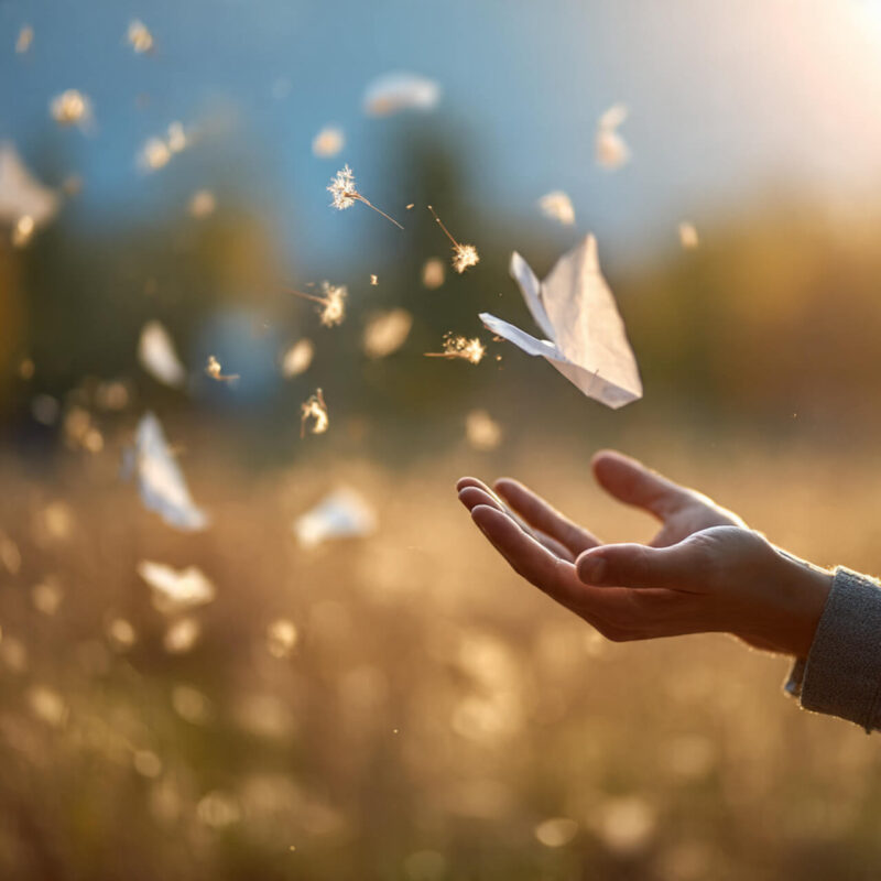 Hands releasing paper into the wind outdoors, representing letting go of control and emotional freedom from decision fatigue