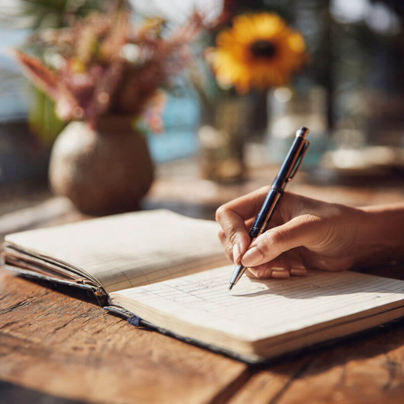 Hands writing in journal notebook on wooden table representing daily reflection habit tracking and intentional time management