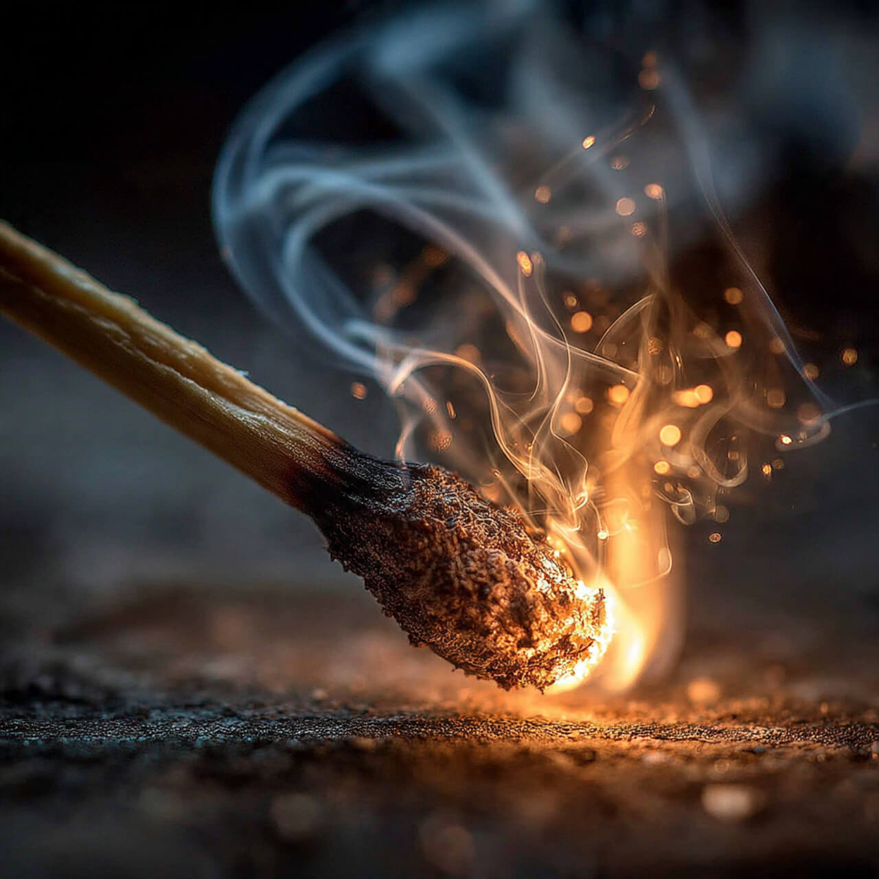 Macro photo of a match head igniting with sparks and smoke, representing the first hard minutes of a 90-minute focus session when the brain resists.