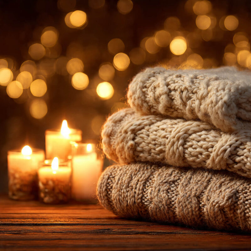 Stacked cozy knit blankets with warm candlelight creating hygge autumn self-care atmosphere
