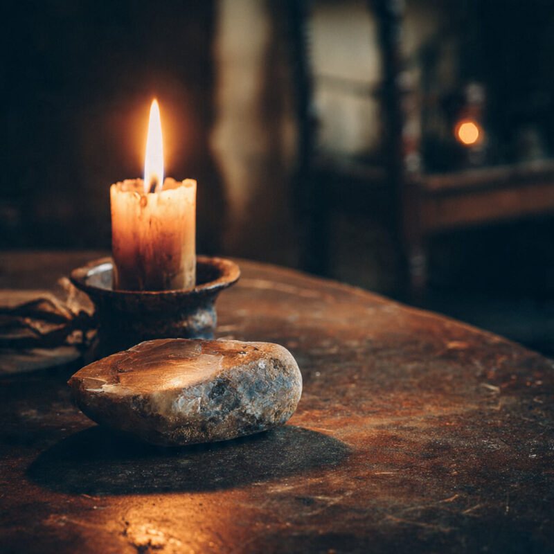 Lit candle beside a single stone on a wooden table, representing reflection, impermanence, and the Stoic reminder that mindfulness helps build resilience