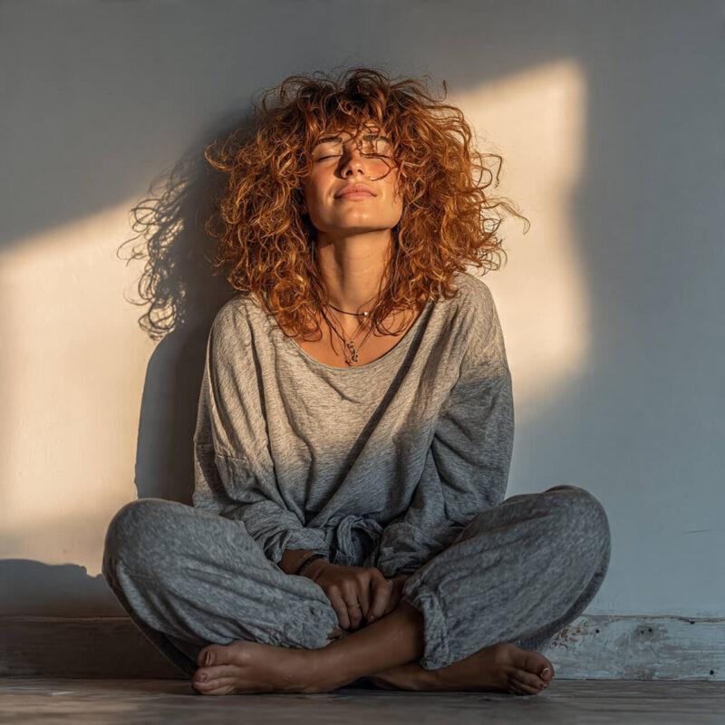 Woman sitting cross-legged in morning sunlight, eyes closed, embodying calm after practising a 10-minute mindset reset routine.