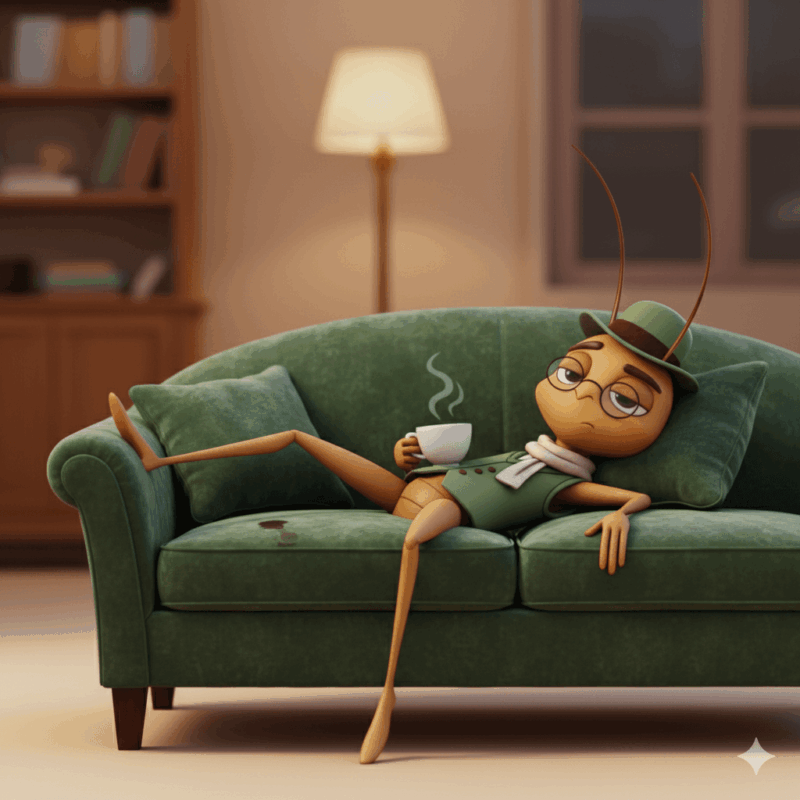 3D illustration of Mr Critic, a cricket-like character in a green waistcoat, hat, and scarf, lounging lazily on a green sofa with a cup of tea, looking unimpressed in a softly lit living room.