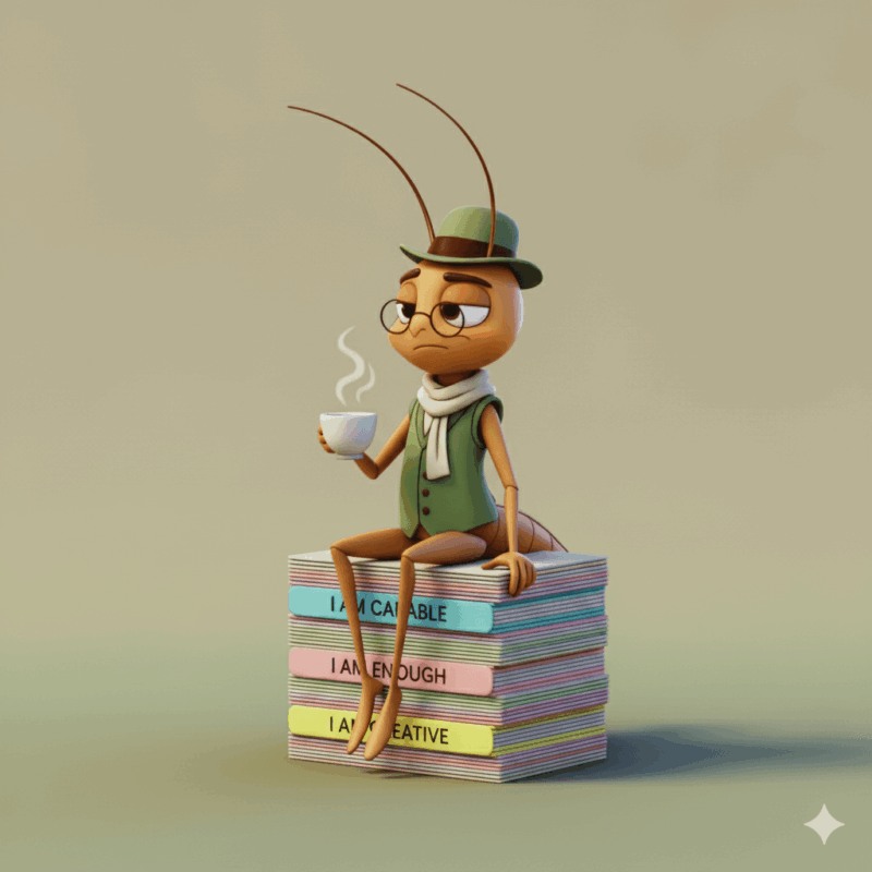 3D illustration of Mr Critic, a thoughtful cartoon cricket in a green waistcoat and scarf, sitting with tea on a stack of affirmation notebooks, representing the inner critic with gentle humour