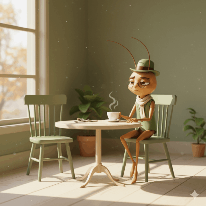 Mr Critic, the reflective cricket character, sitting alone at a table with a cup of tea, symbolising the inner critic voice that fuels loneliness and self-doubt