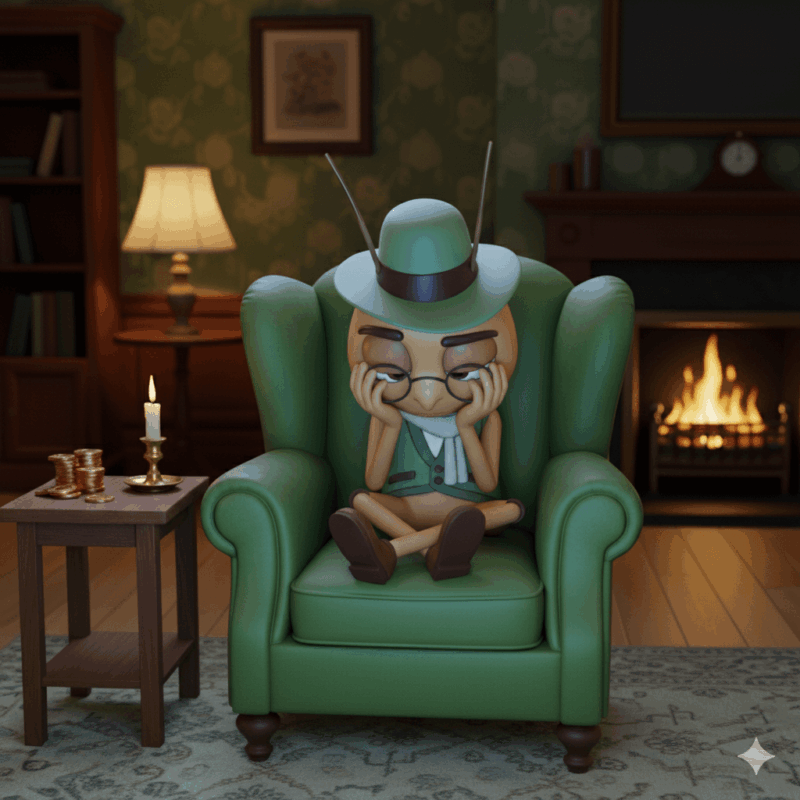 Cartoon character sitting in armchair by fireplace representing inner critic during autumn self-care practice