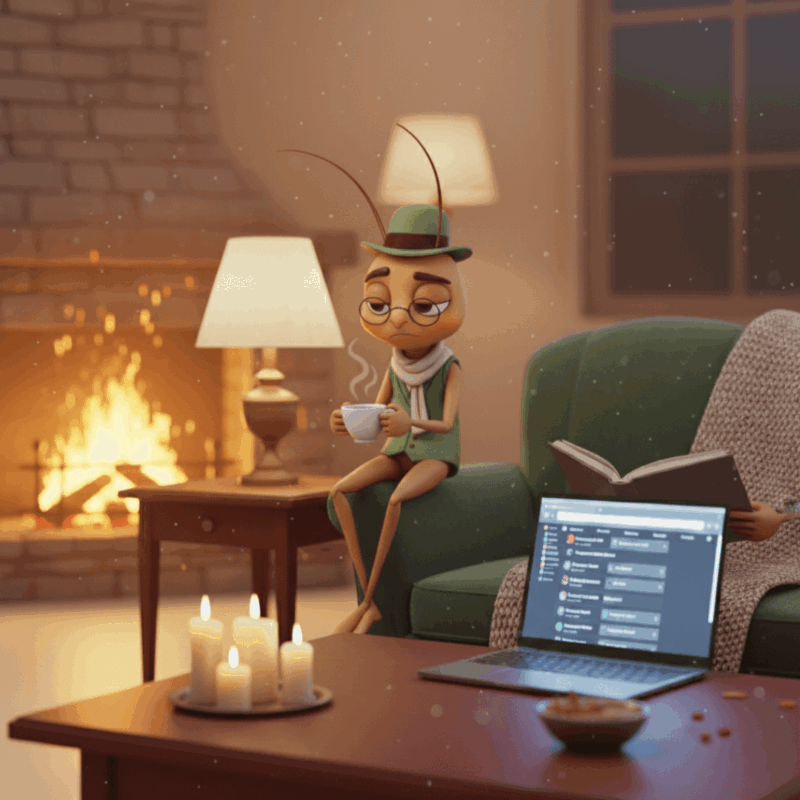 Mr Critic the animated cricket mascot sipping tea by the fire, reflecting autumn mood and inner dialogue about slowing down and self-discipline