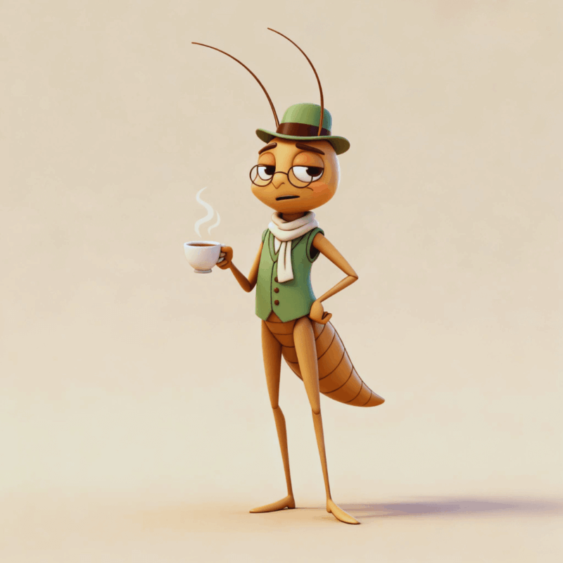 Mr. Critic cartoon illustration - a sleek, judgmental cricket character in sage green vest and fedora holding coffee, representing the inner critic voice that sabotages goals with seemingly reasonable excuses