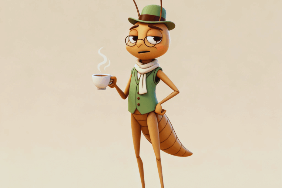 Mr. Critic cartoon illustration - a sleek, judgmental cricket character in sage green vest and fedora holding coffee, representing the inner critic voice that sabotages goals with seemingly reasonable excuses
