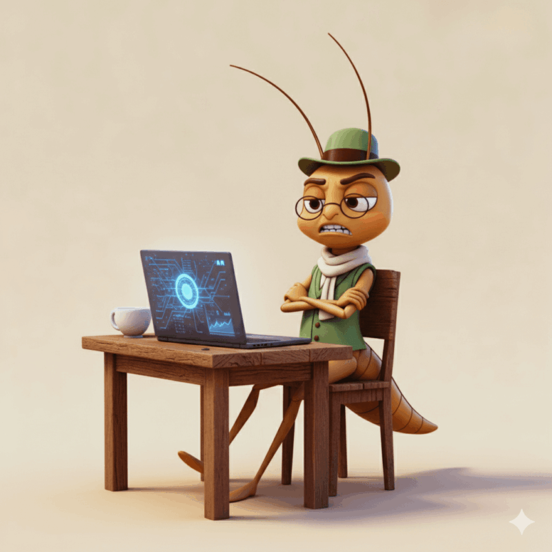 3D cricket character wearing a sage-green waistcoat, scarf, and hat, sitting at a wooden desk with a laptop and coffee cup, looking unimpressed — symbolising Mr Critic, the inner voice of self-doubt reflecting on technology and discipline