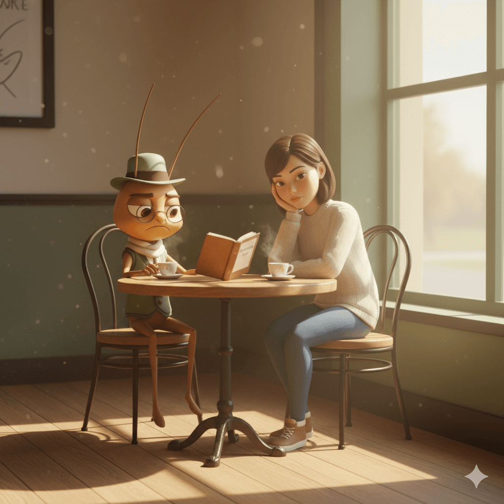 Illustration of a person in a café reading a book beside a calm cricket character in a green waistcoat sipping tea, symbolising the inner critic during self-reflection