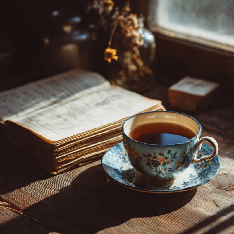 Open journal and vintage teacup beside a window in soft morning light — symbolising reflection, mindfulness, and building resilience through daily Stoic practice