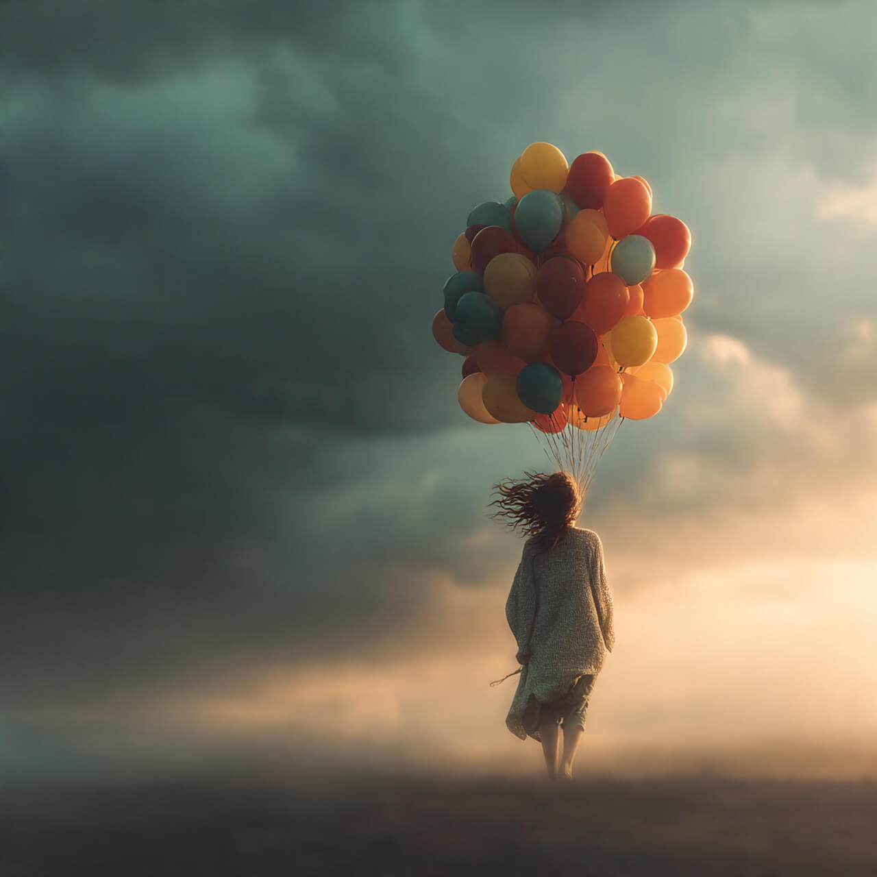 Person walking toward a sunrise holding bright balloons, symbolising courage, curiosity, and calm acceptance of change — Everyday Mastery.