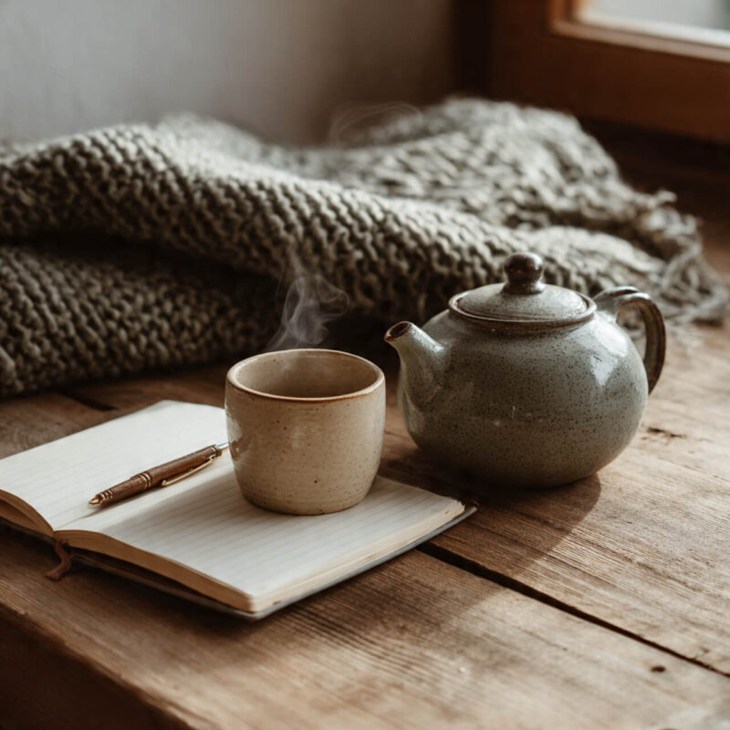 Flat lay of a teapot, steaming mug, and open notebook — inviting mindful journaling and reflection.