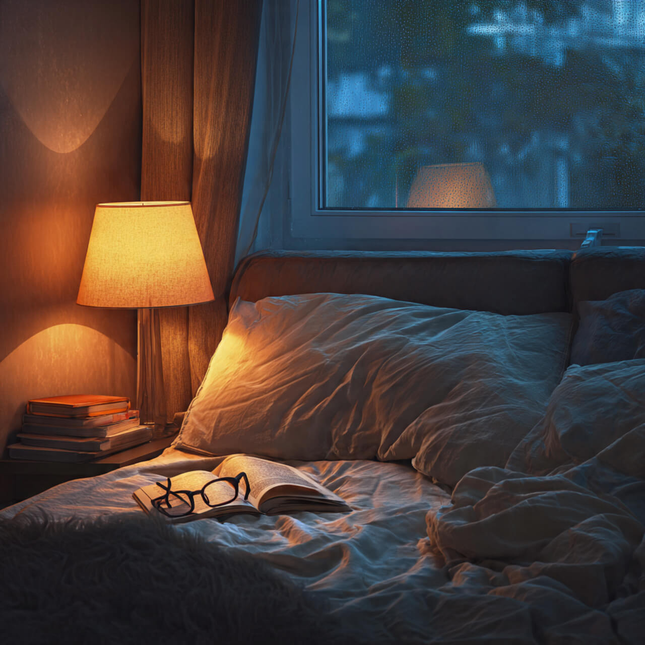Cosy bedroom with lamp and open book on bed, representing mindful rest and evening reflection.
