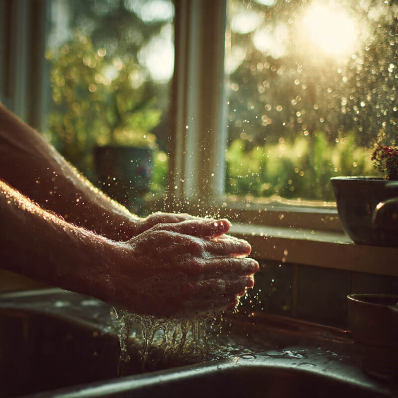 Person practicing mindfulness while washing dishes as Buddhist presence anchor without meditation