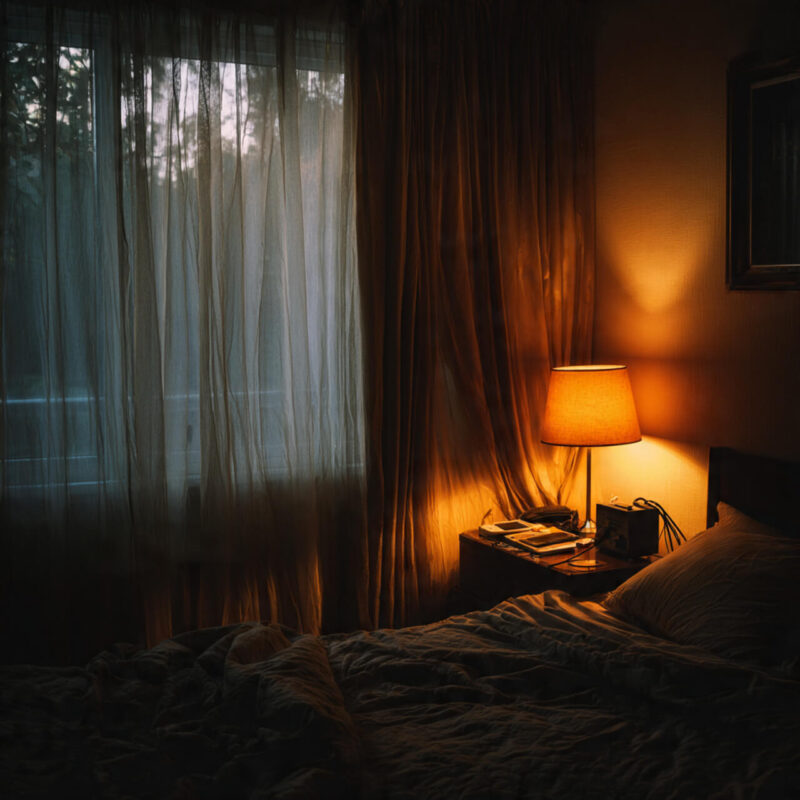 Warm bedroom scene with soft lamp light and curtains drawn, illustrating how better sleep supports natural weight loss without willpower.
