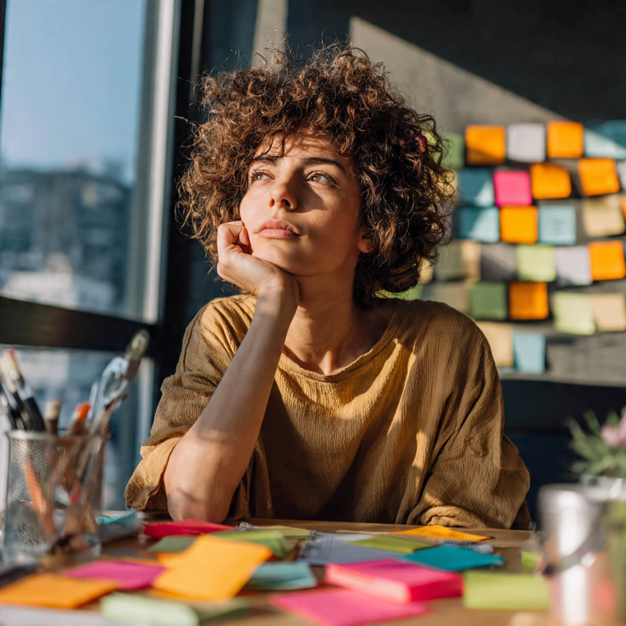 person gazing out window surrounded by colourful sticky notes