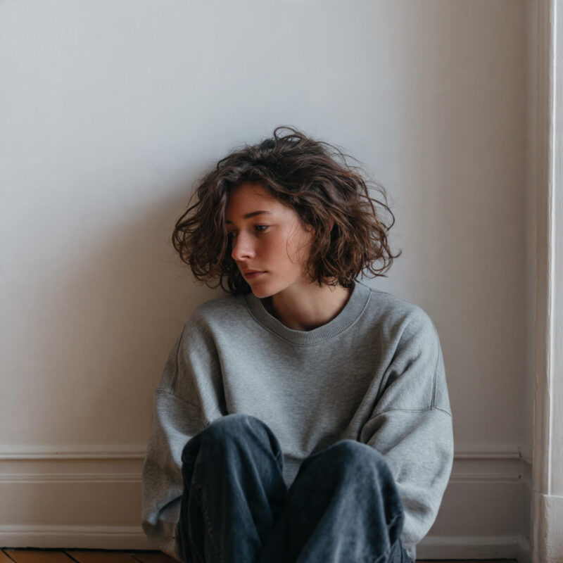 Thoughtful person sitting against wall in casual clothing reflecting on life purpose and ikigai meaning