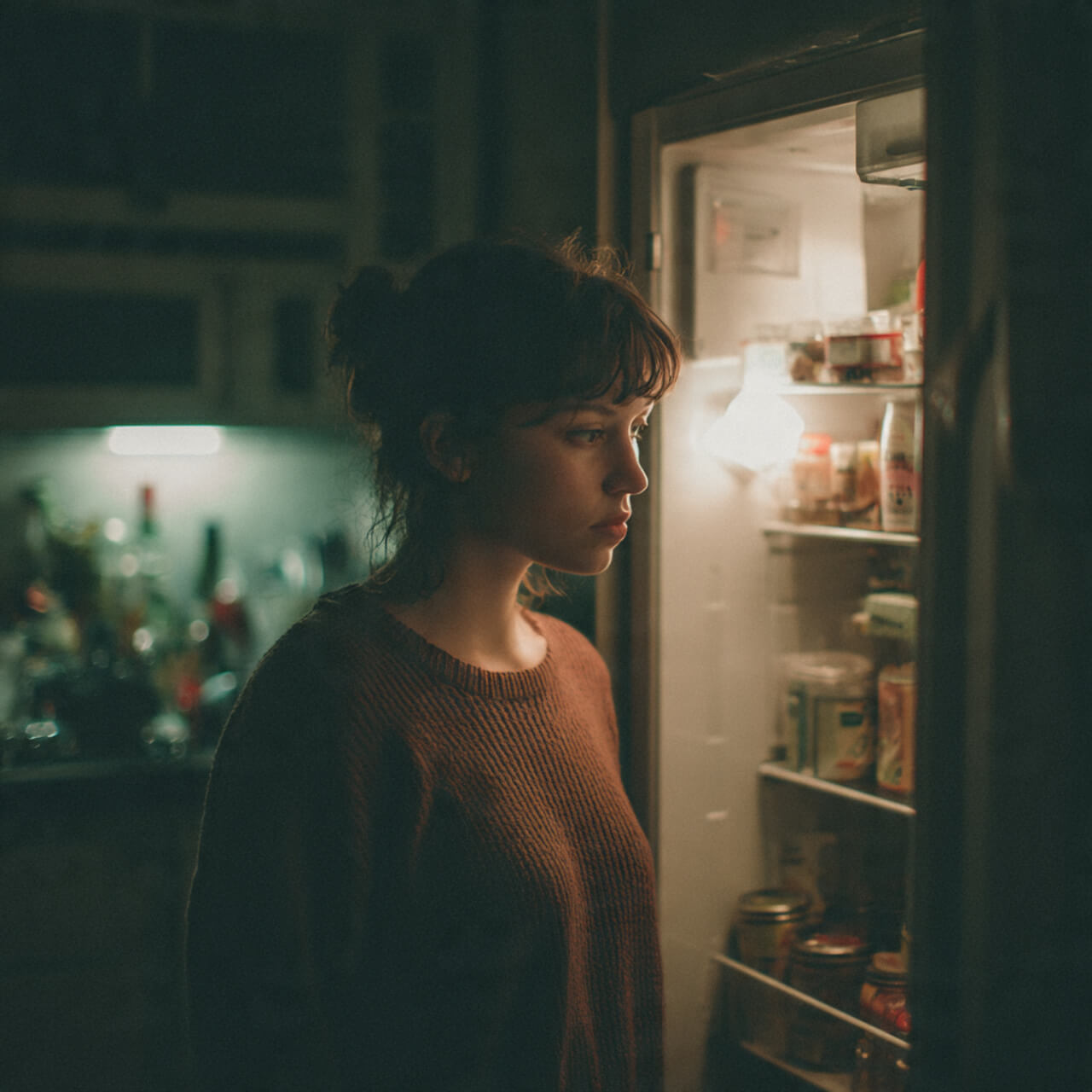 Tired person standing in front of an open fridge at night, illuminated by soft light, showing real discipline without motivation during everyday growth