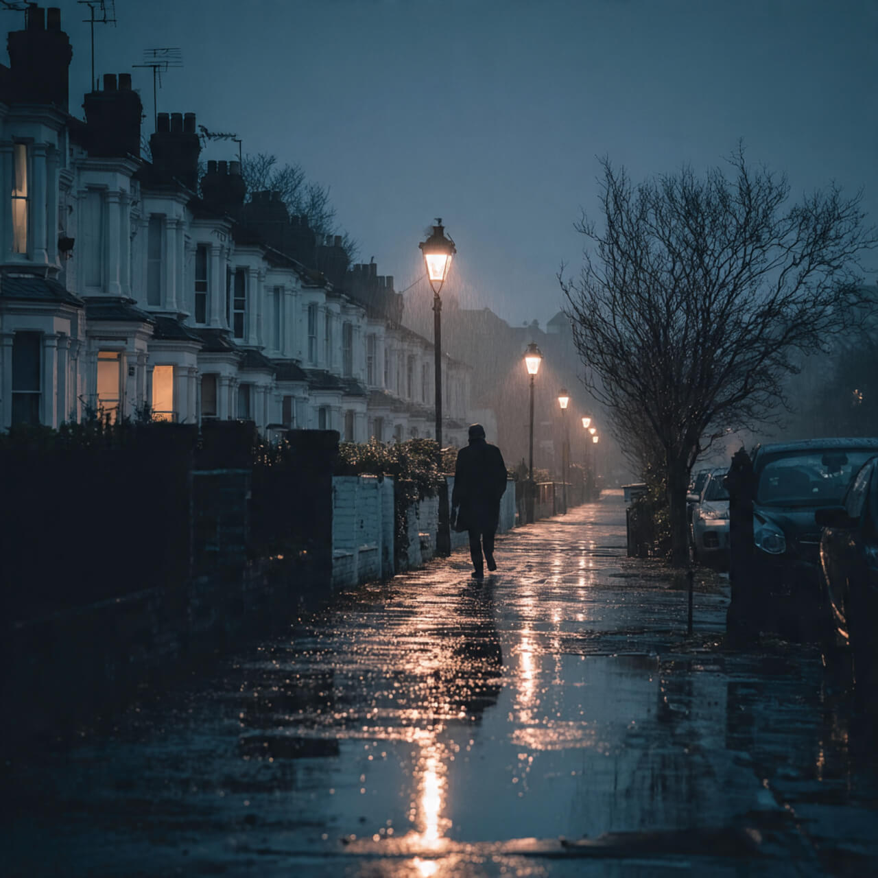 Person walking alone on a rainy British street under lamplight, reflecting the struggle and beauty of staying consistent in silence when progress feels invisible