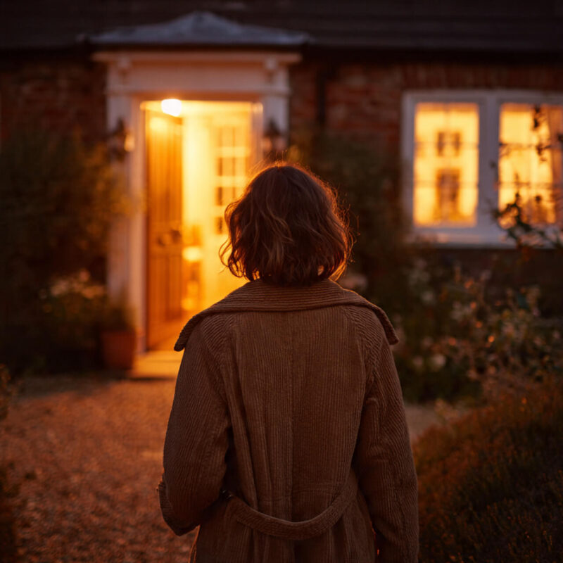Person in robe looking at warmly lit home entrance symbolizing finding ikigai and purpose in coming home to yourself