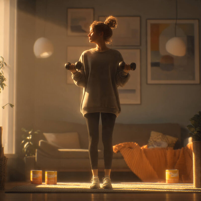 Person exercising with dumbbells in a softly lit living room, showing accessible home workouts that build strength and confidence without a gym.