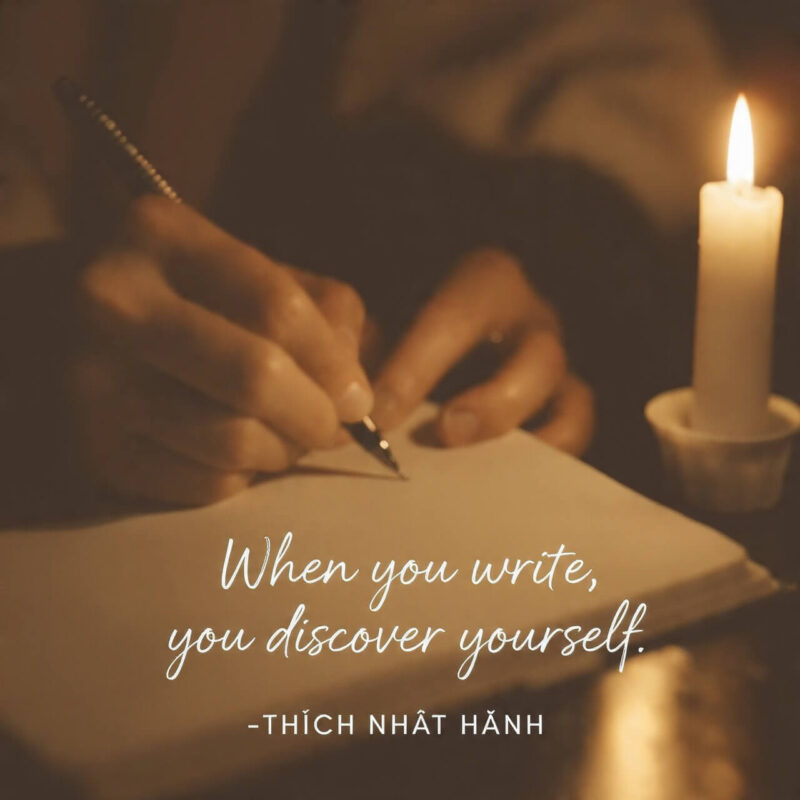 Hands writing in a journal by candlelight with the quote ‘When you write, you discover yourself’ by Thích Nhất Hạnh, symbolising mindful journaling for overthinking and self-discovery