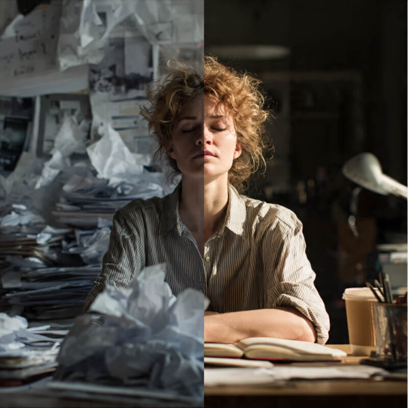 Split image showing stressed person at messy desk on one side and calm person at clear desk on the other, illustrating transformation after overcoming decision fatigue.