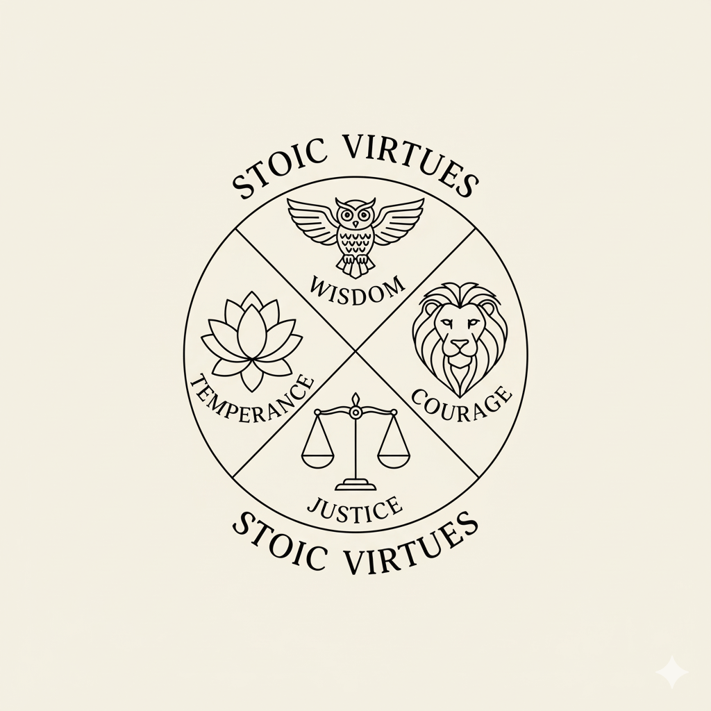 Minimalist line-art emblem of the four Stoic virtues — Wisdom, Courage, Temperance, and Justice — represented by an owl, lion, lotus, and scales
