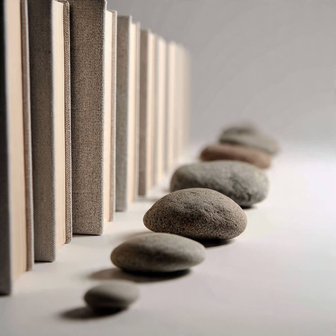 Row of linen-covered books beside smooth river stones, representing learning, reflection, and daily Stoic practice.