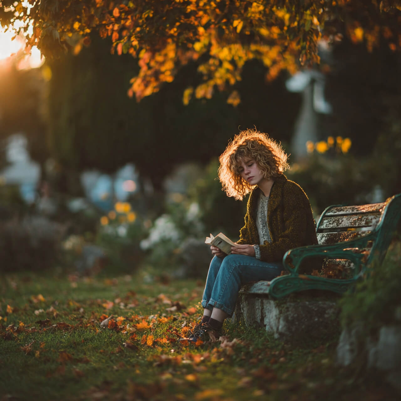Person sitting on a park bench in autumn sunlight reading a book on Stoicism, symbolising reflection and personal growth through ancient wisdom