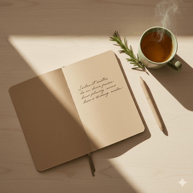 Open notebook and tea in warm light, representing mindful journaling and thought-dump practice for mental clarity