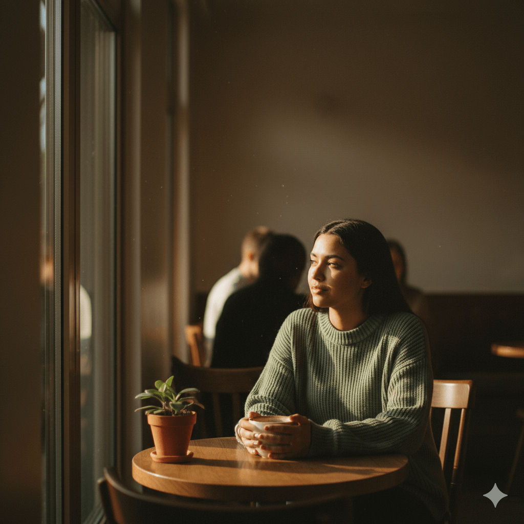 Person sitting quietly in a café surrounded by blurred figures, symbolising feeling isolated even when not alone. Asking why do i feel lonely.