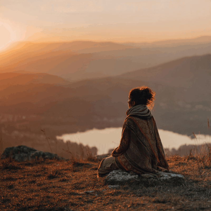 Traveller sitting quietly at a mountain viewpoint or by a lake, back to camera, wrapped in a scarf, watching the sunset — soft golden hour glow.